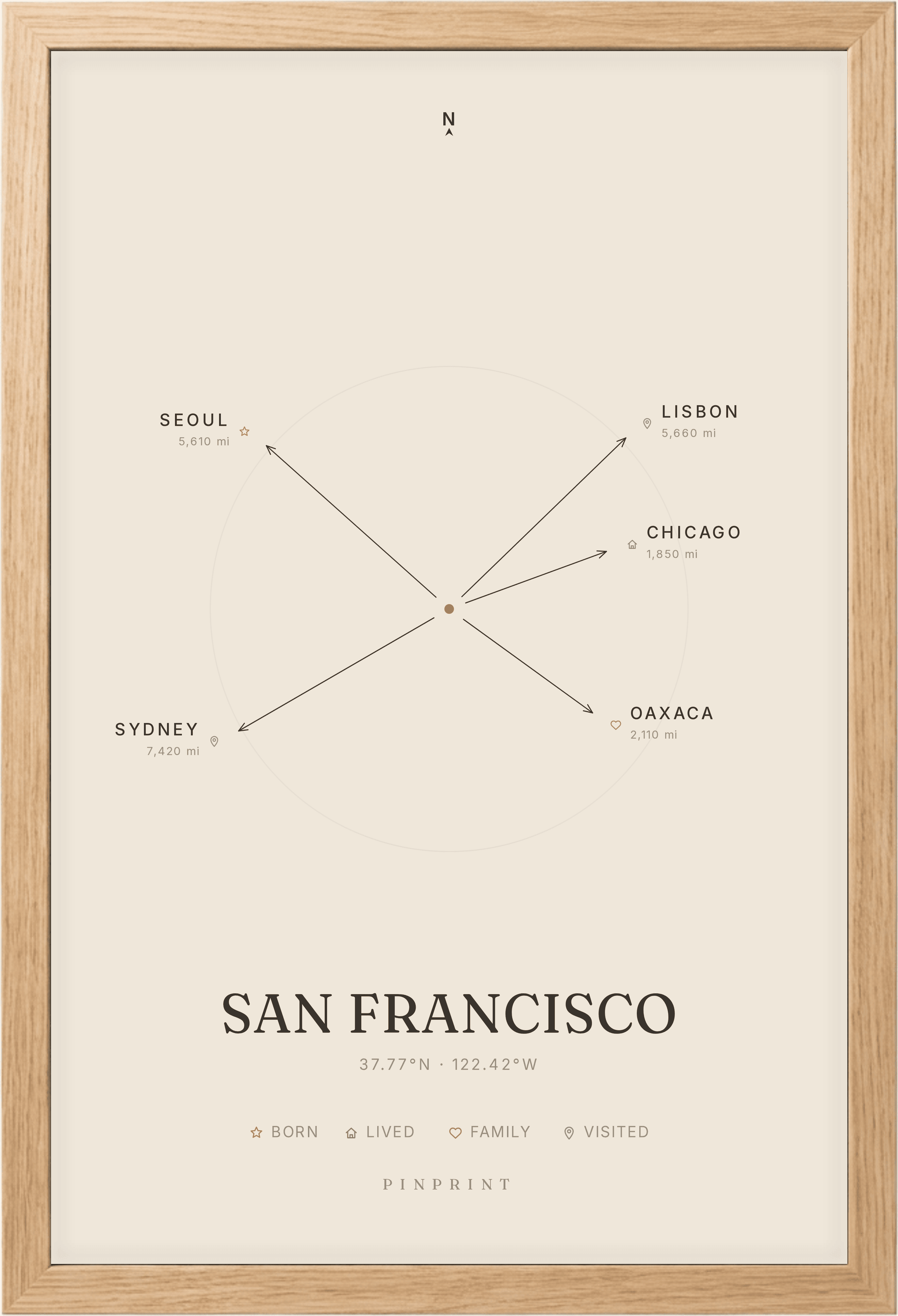 A warm-minimal Heartbound Maps of San Francisco in a natural oak frame