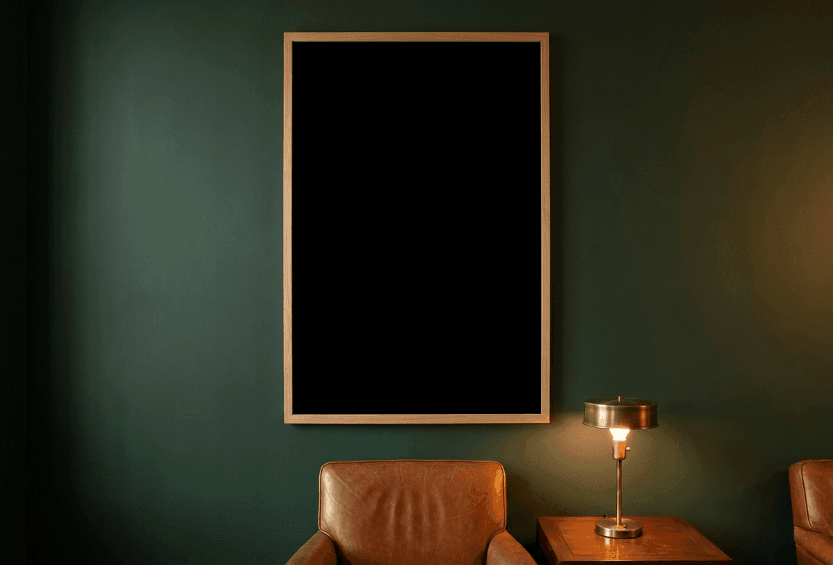 A framed Heartbound Maps piece hanging on a deep green wall above a leather armchair and a brass lamp