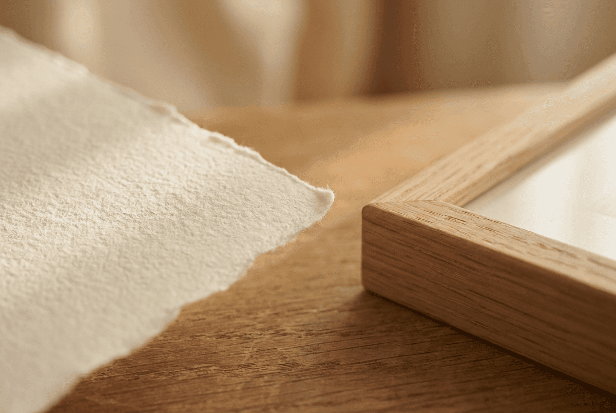 Macro photograph of thick textured fine art paper with a deckled edge beside the corner of a natural oak frame